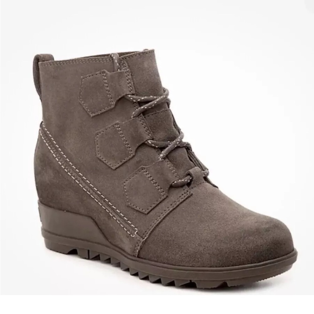 Sorel Bootie Wedge Evie Lace Up Major Women Size 7.5 Brown Gray Suede Waterproof
